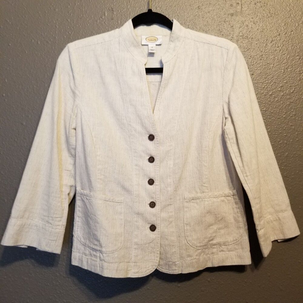 Talbots 6 Blazer Beige Pinstripe Linen Cotton Coastal Office Career Workwear Vtg